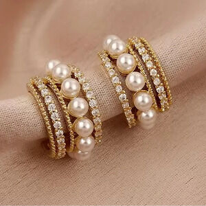 Anthropologie Gold Crystal Pearl Hoop Earrings